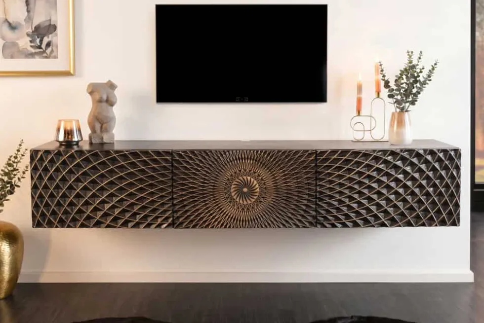 Hängendes TV-Board ILLUSION 160cm schwarz Mangoholz Massivholz mit 3D Schnitzereien gold