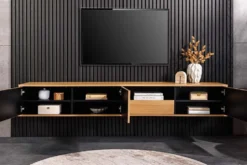 Hängendes TV-Board LOFT 200cm natur schwarz sieben Fächer mit Schublade