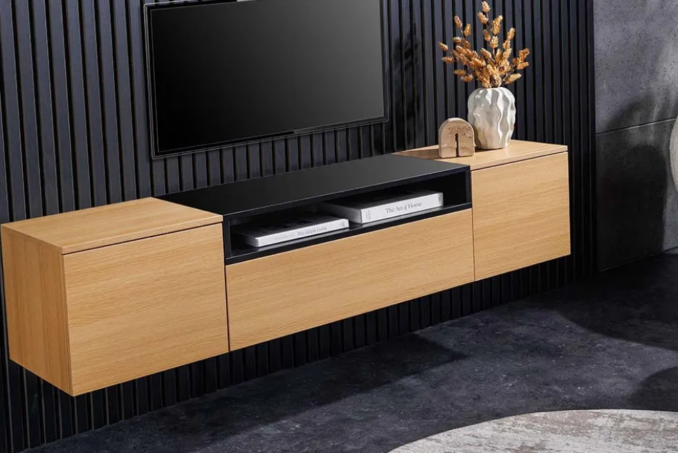 Hängendes TV-Board LOFT 160cm natur schwarz drei Fächer mit Schublade
