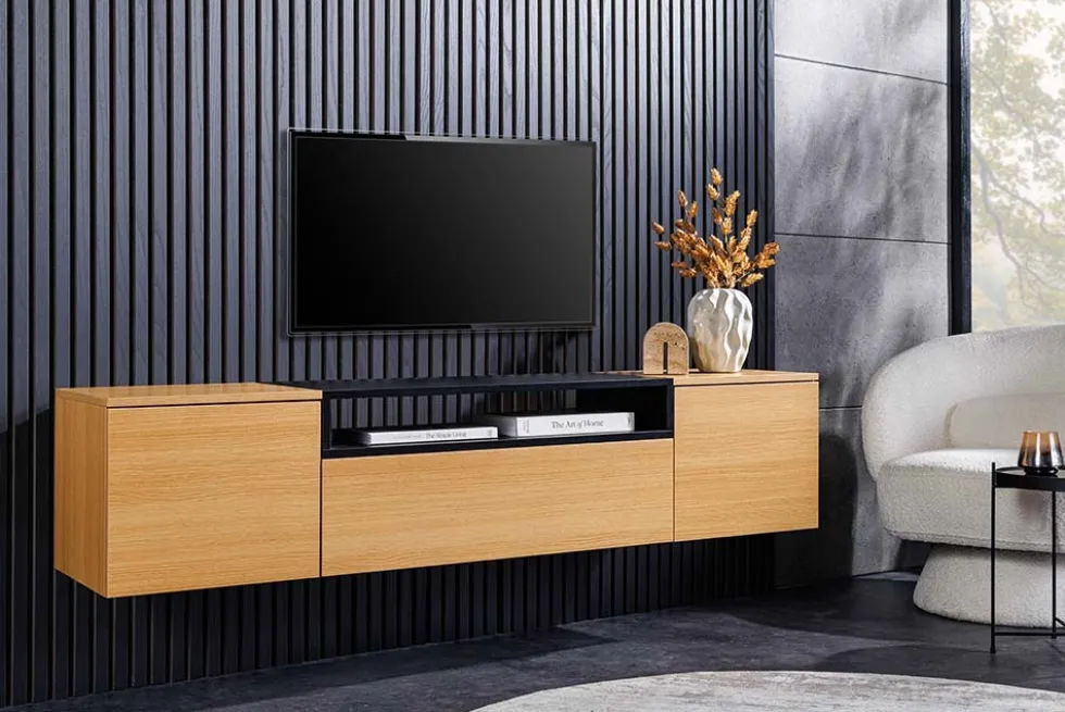 Hängendes TV-Board LOFT 160cm natur schwarz drei Fächer mit Schublade