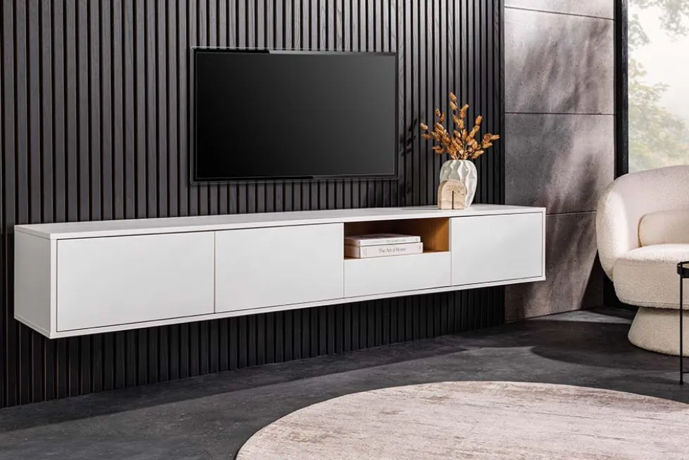 Hängendes TV-Board LOFT 200cm weiß natur sieben Fächer mit Schublade