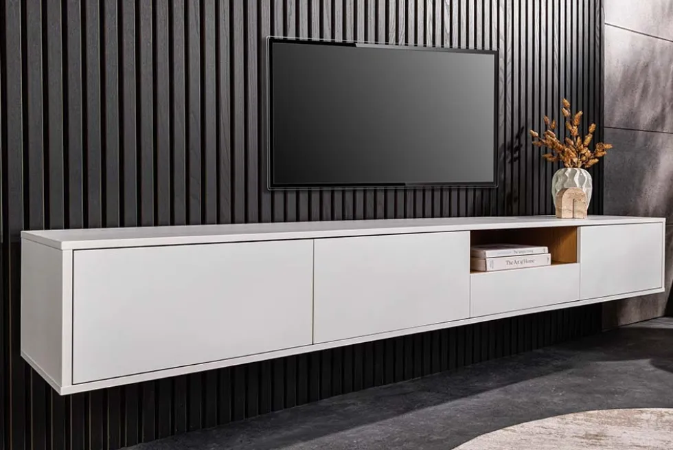 Hängendes TV-Board LOFT 200cm weiß natur sieben Fächer mit Schublade