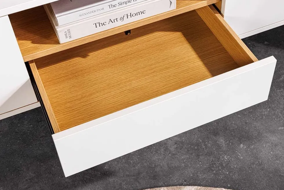 Hängendes TV-Board LOFT 200cm weiß natur sieben Fächer mit Schublade
