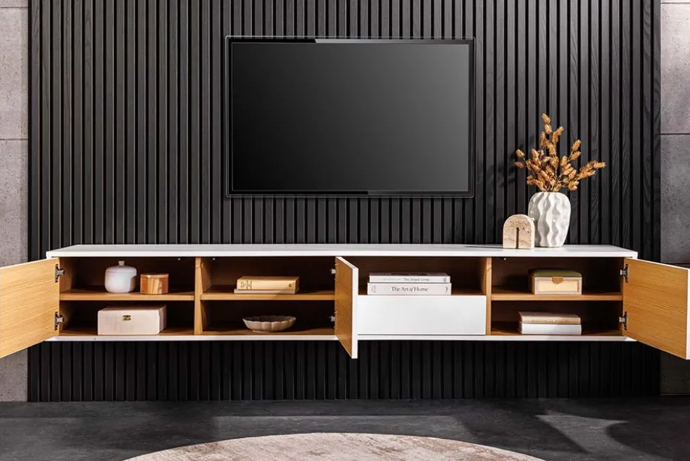 Hängendes TV-Board LOFT 200cm weiß natur sieben Fächer mit Schublade