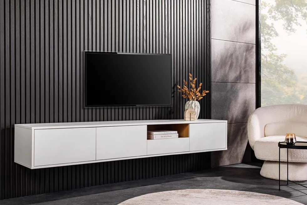 Hängendes TV-Board LOFT 200cm weiß natur sieben Fächer mit Schublade