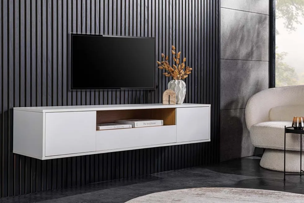 Hängendes TV-Board LOFT 150cm weiß natur fünf Fächer mit Schublade