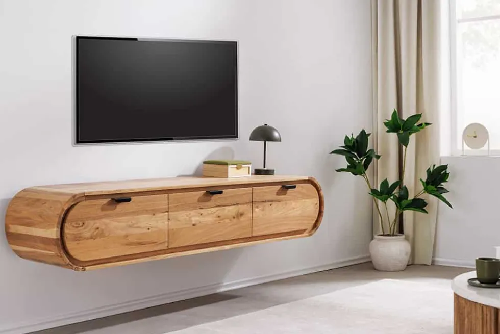 Hängendes TV-Board ORGANIC 160cm natur Akazienholz massiv handmade mit Schubladen