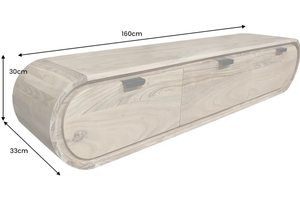 Hängendes TV-Board ORGANIC 160cm natur Akazienholz massiv handmade mit Schubladen