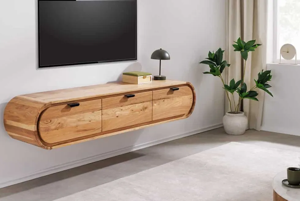 Hängendes TV-Board ORGANIC 160cm natur Akazienholz massiv handmade mit Schubladen