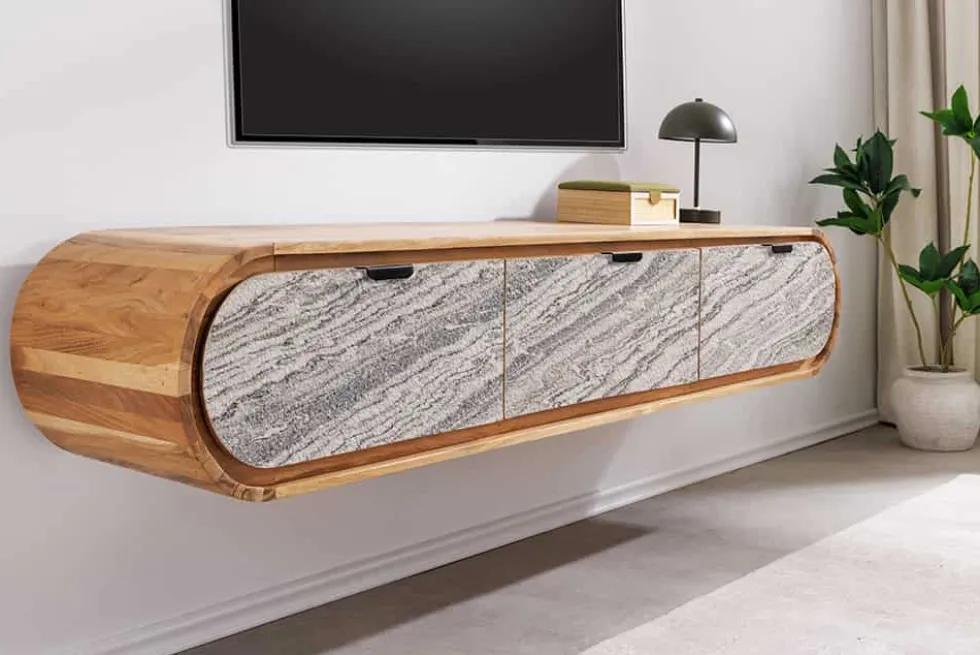 Hängendes TV-Board ORGANIC 160cm natur Akazie schwarz weiß Steinfurnier Schubladen