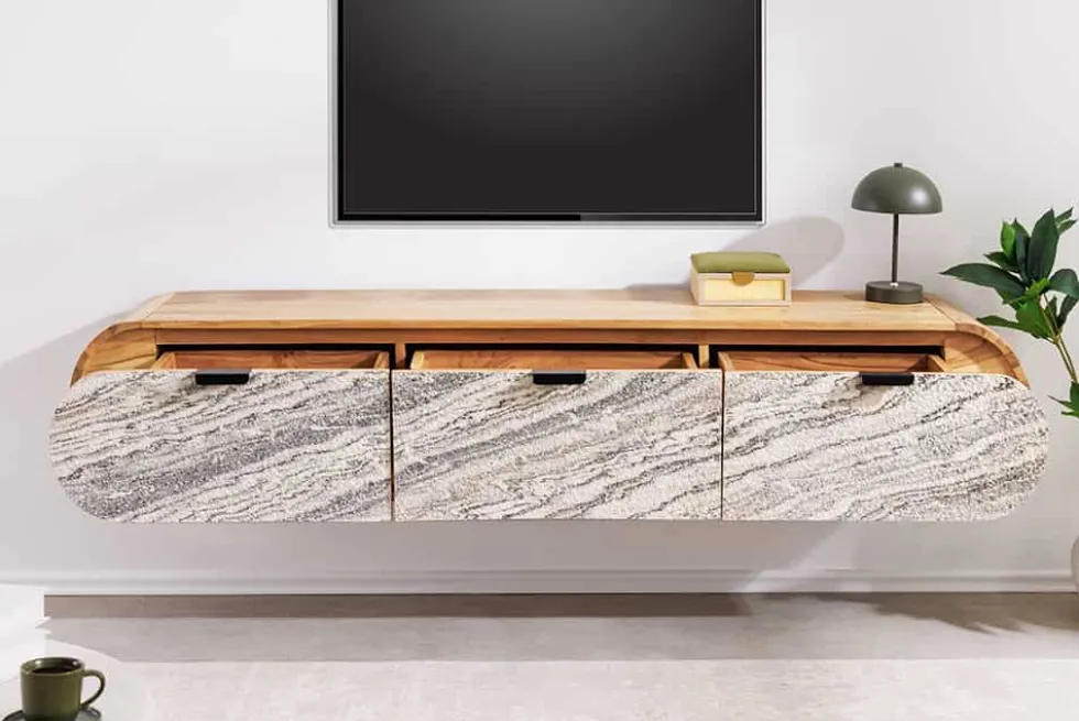 Hängendes TV-Board ORGANIC 160cm natur Akazie schwarz weiß Steinfurnier Schubladen