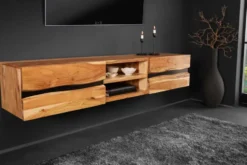 Hängendes TV-Lowboard AMAZONAS 160cm natur Akazie Massivholz Baumkante Metall schwarz