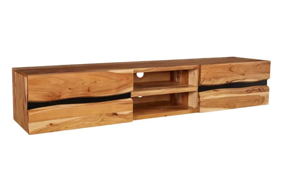 Hängendes TV-Lowboard AMAZONAS 160cm natur Akazie Massivholz Baumkante Metall schwarz