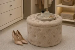 Hocker MODERN BAROCK 60cm champagner greige Bouclé mit Stauraum