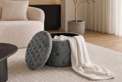 Hocker MODERN BAROCK 60cm grau Bouclé mit Stauraum