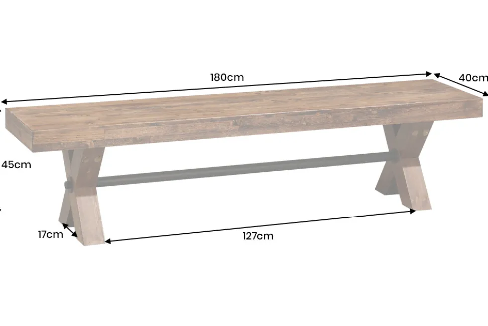 Industrial Bank GOLIATH 180cm natur Pinienholz X-Gestell schwarz Metall