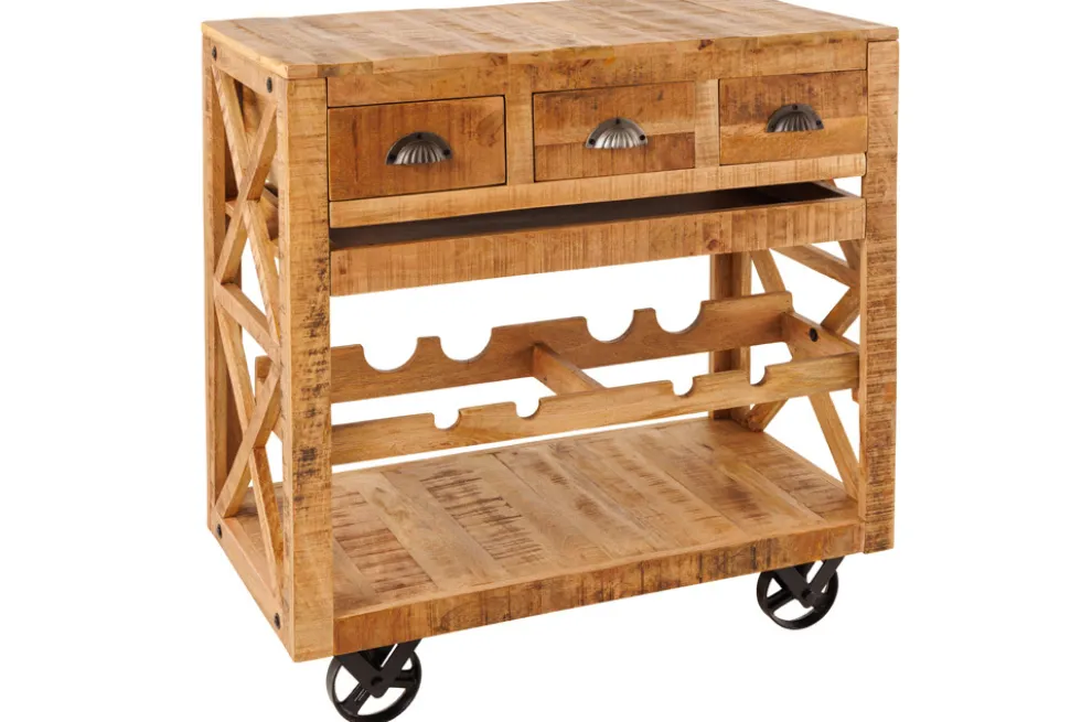 Industrial Barschrank BODEGA 86cm Mangoholz Servierwagen mit Weinregal