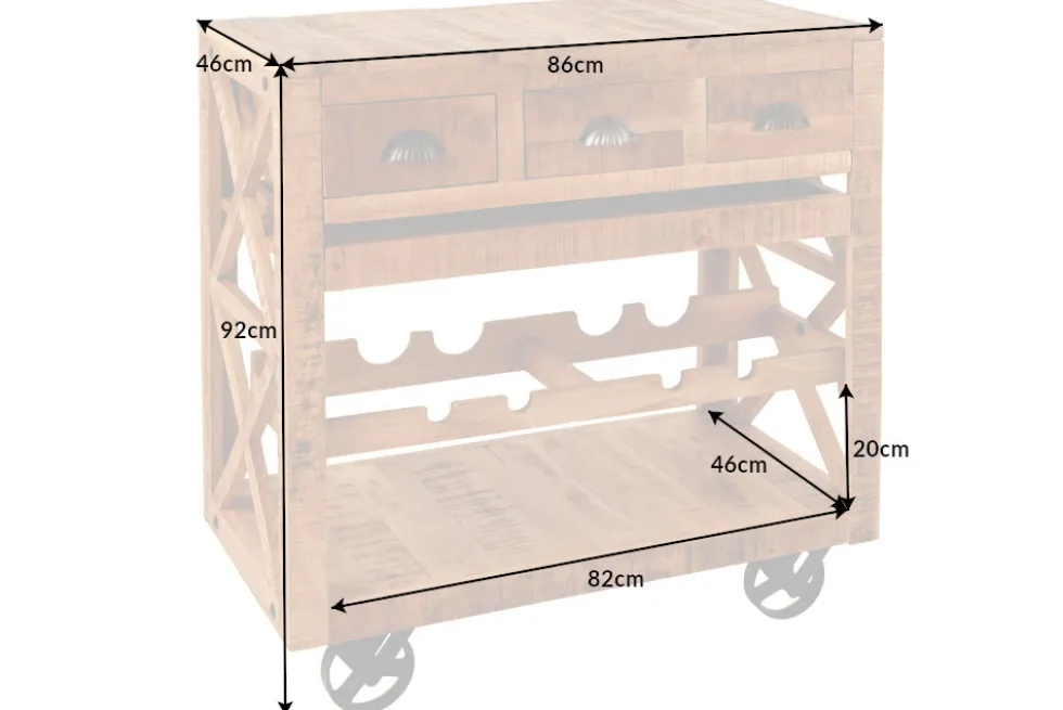 Industrial Barschrank BODEGA 86cm Mangoholz Servierwagen mit Weinregal