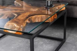 Industrial Couchtisch TEAK ROOT 70cm braun Teakholz Metall Glastisch handmade