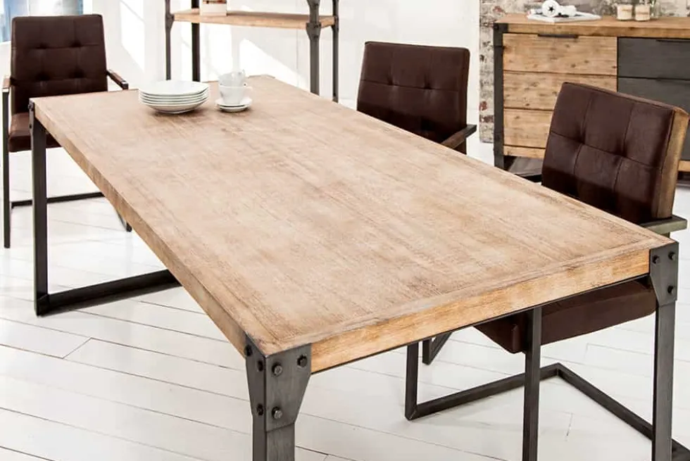 Industrial Design Esstisch FACTORY 160cm Akazie teak-grau weiß gekälkt Metallbeine Kufe