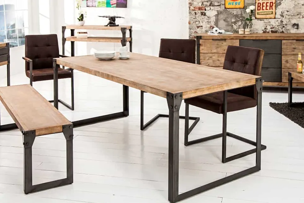 Industrial Design Esstisch FACTORY 200cm Akazie teak-grau weiß gekälkt Metallbeine Kufe