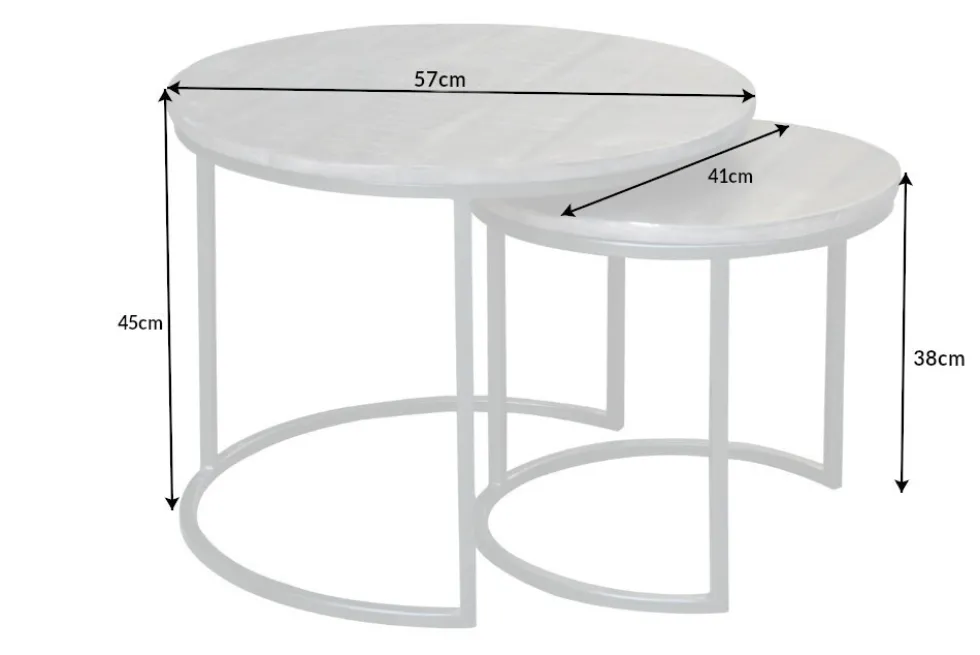 Industrial 2er Set Beistelltische ELEMENTS 60cm grau Mangoholz massiv rund schwarz Metall