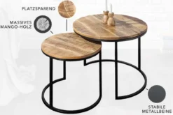 Industrial 2er Set Beistelltische ELEMENTS 60cm Mangoholz massiv rund schwarzes Metallgestell