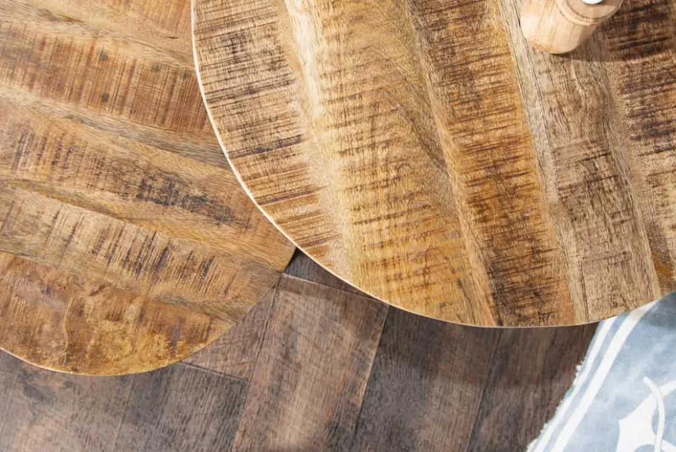 Industrial 2er Set Beistelltische ELEMENTS 60cm Mangoholz massiv rund schwarzes Metallgestell