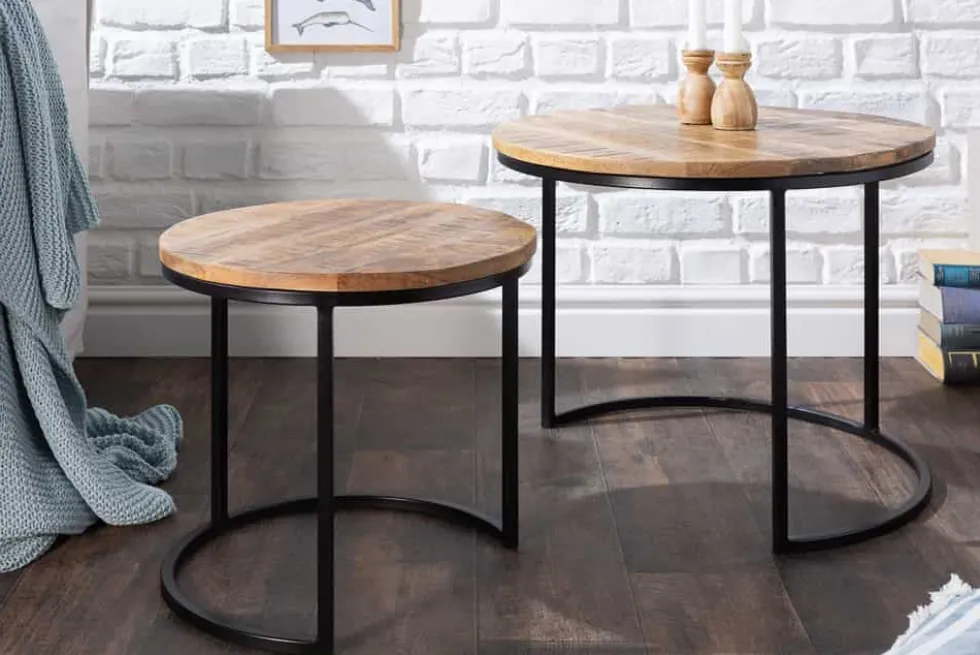 Industrial 2er Set Beistelltische ELEMENTS 60cm Mangoholz massiv rund schwarzes Metallgestell