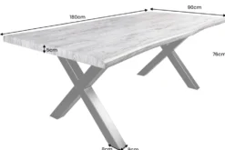 Industrial Esstisch WILD 180cm grau gekälkt Wildeiche-Design Baumkante schwarz X-Gestell