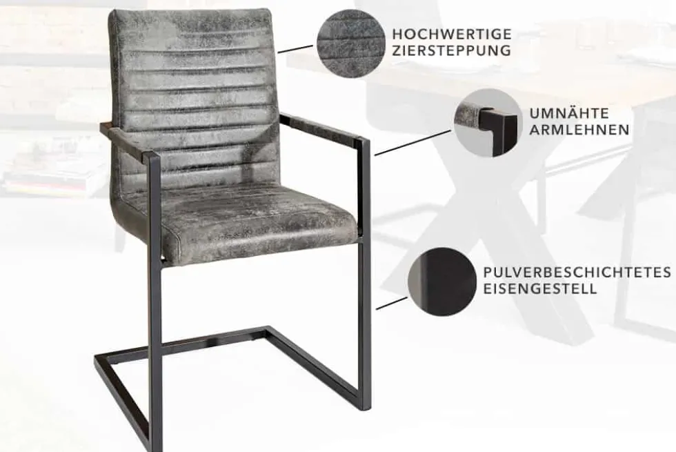 Industrial Freischwinger Stuhl LOFT vintage grau Microfaser mit Armlehne Eisengestell