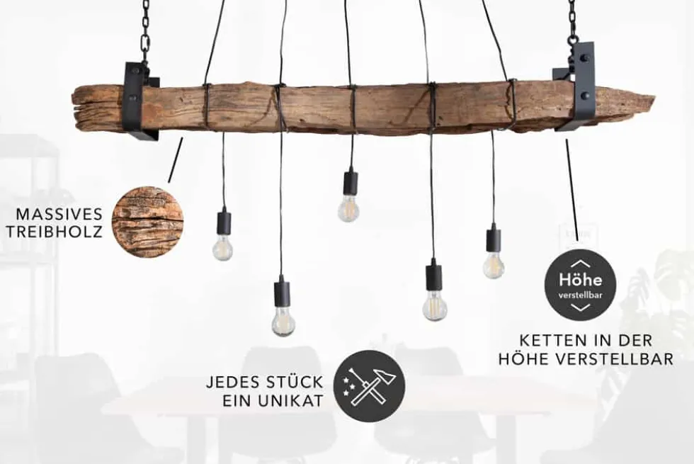 Industrial Hängelampe BARRACUDA 152cm recyceltes Massivholz mit 5 Leuchten