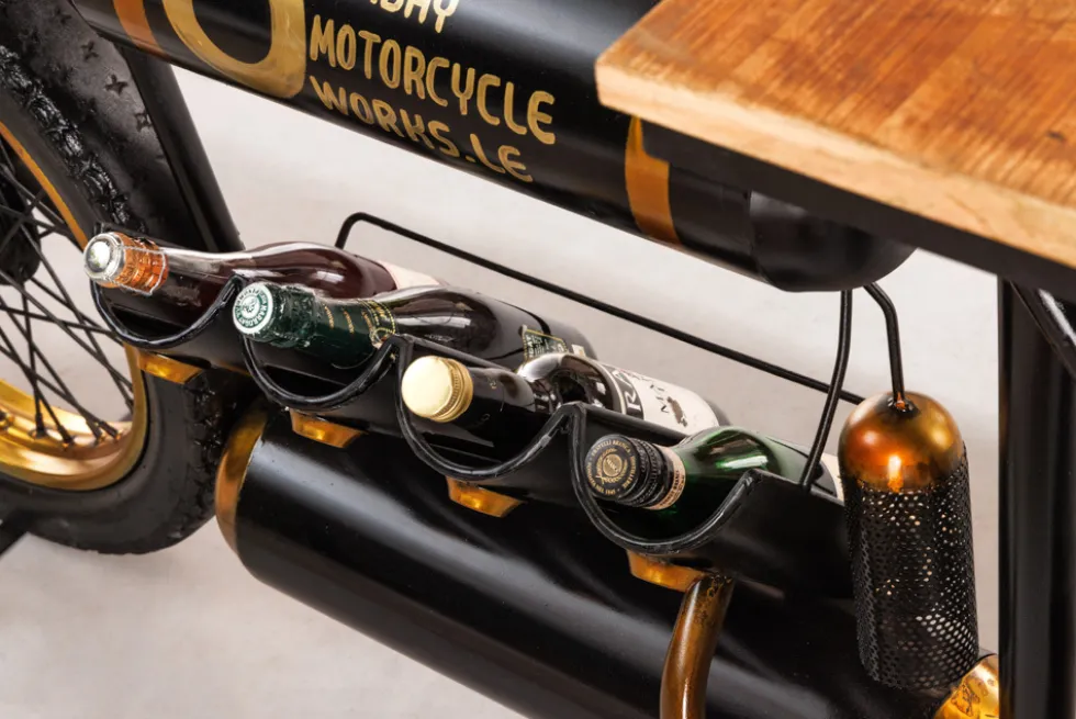 Industrial Konsolentisch MOTORCYCLE 185cm Mangoholz schwarz Motorrad Bartheke Upcycling