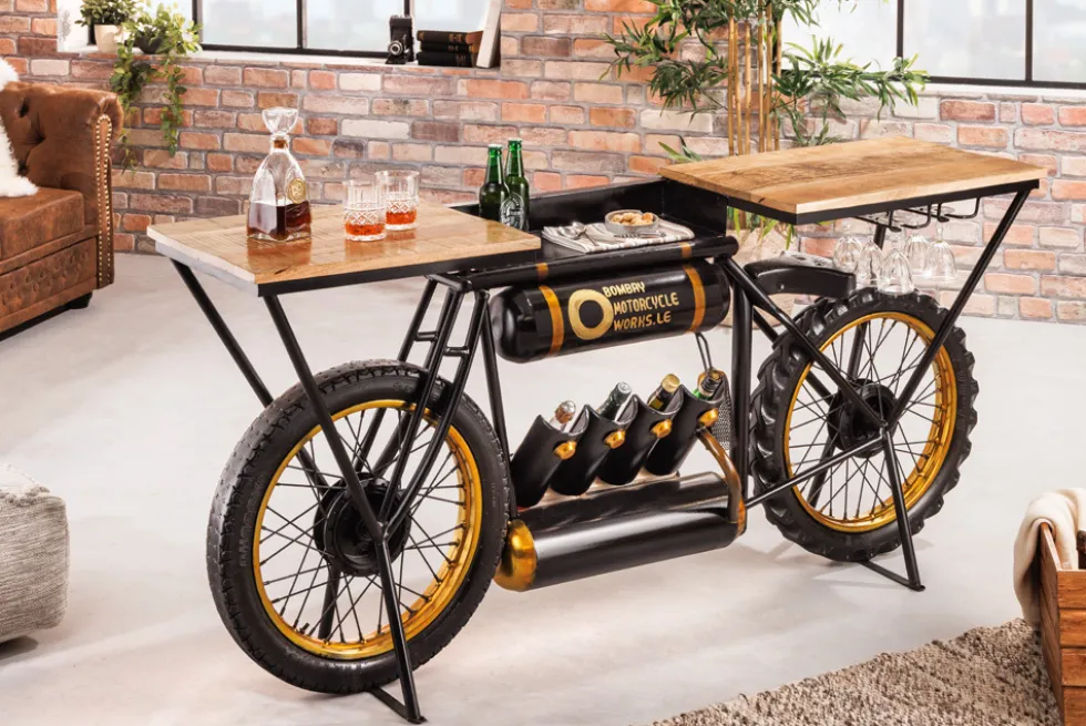 Industrial Konsolentisch MOTORCYCLE 185cm Mangoholz schwarz Motorrad Bartheke Upcycling