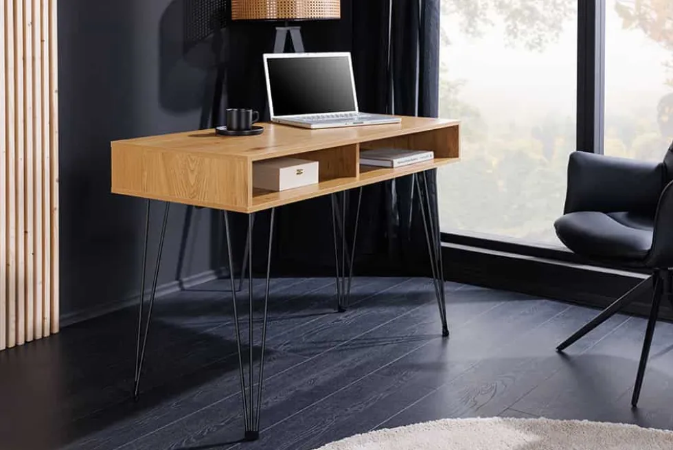 Industrial Schreibtisch STUDIO 110cm natur Eiche Laptoptisch Hairpin Legs Stauraum