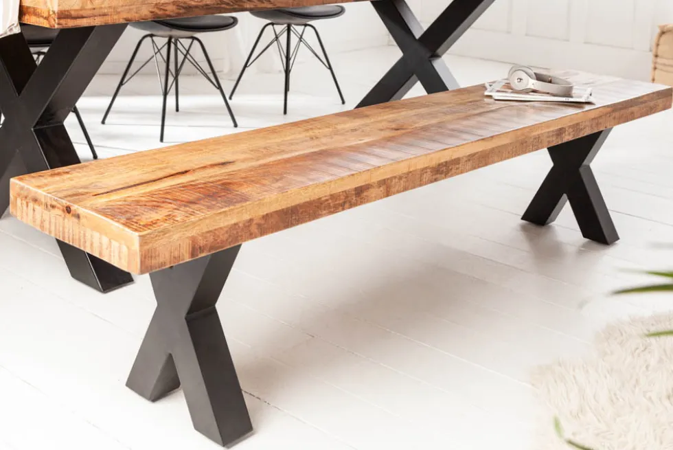 Industrial Sitzbank IRON CRAFT 200cm Mangoholz mit schwarzen X-Beinen