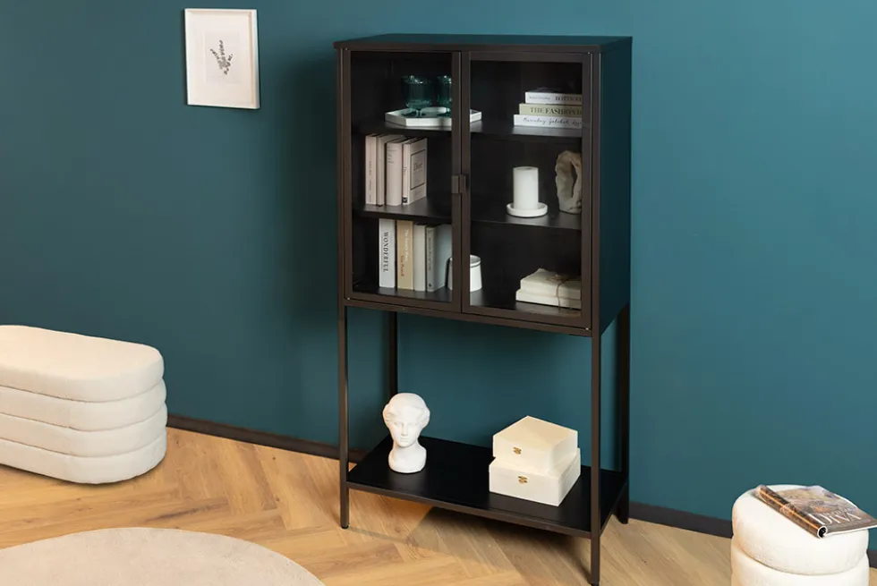 Industrial Vitrine DURA STEEL 150cm schwarz Metall Glas Highboard
