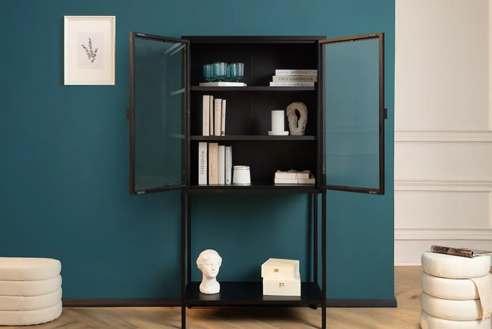 Industrial Vitrine DURA STEEL 150cm schwarz Metall Glas Highboard