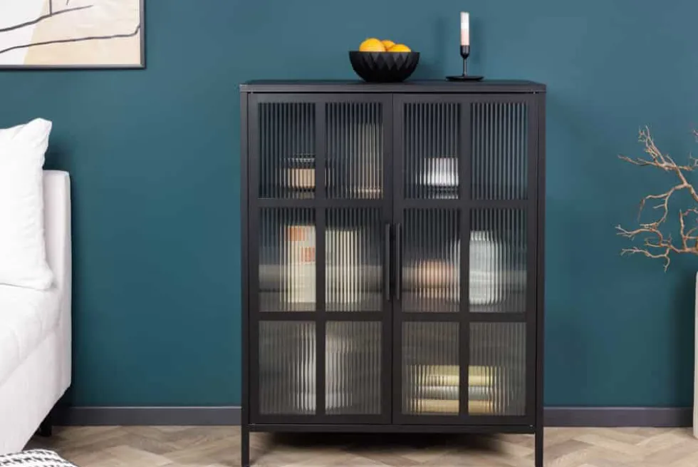 Industrial Vitrine DURA STEEL 80cm schwarz Metall Riffelglas
