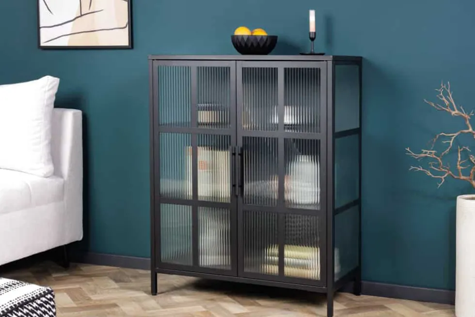Industrial Vitrine DURA STEEL 80cm schwarz Metall Riffelglas