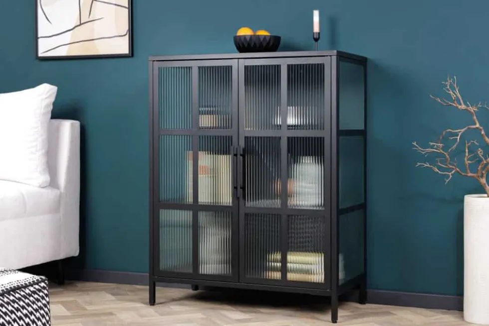 Industrial Vitrine DURA STEEL 80cm schwarz Metall Riffelglas