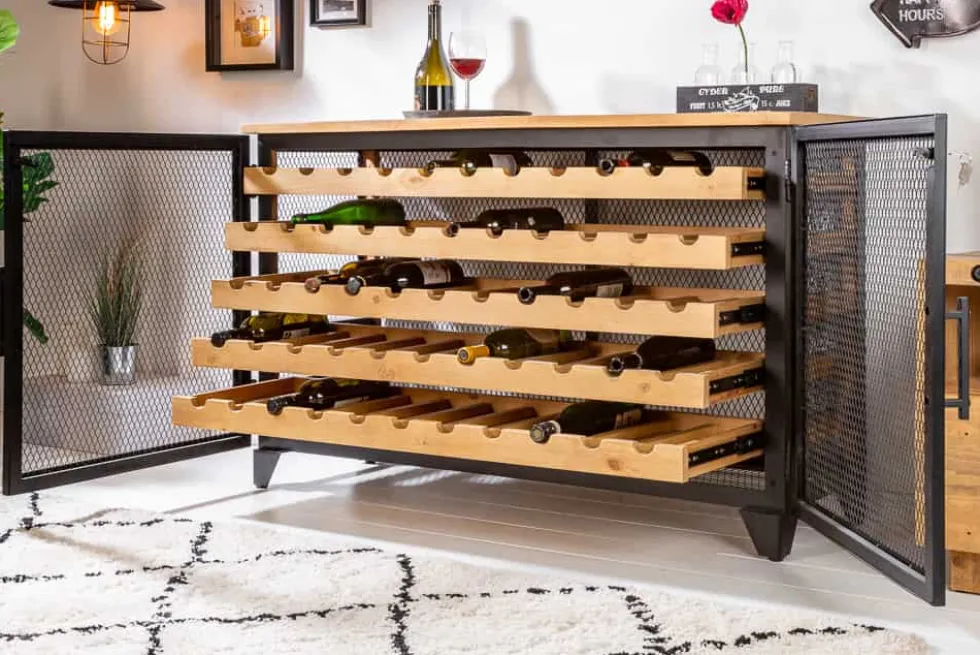 Industrial Weinschrank BODEGA 130cm recyceltes Pinienholz natur Weinregal für 55 Flaschen