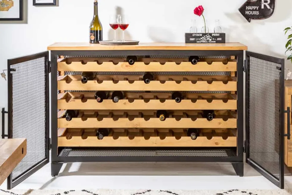 Industrial Weinschrank BODEGA 130cm recyceltes Pinienholz natur Weinregal für 55 Flaschen