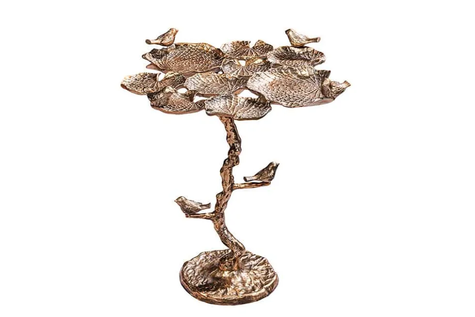 In- und Outdoor Beistelltisch BIRDS 65cm messing antik Blatt-Design wetterfest Vogel-Skulptur