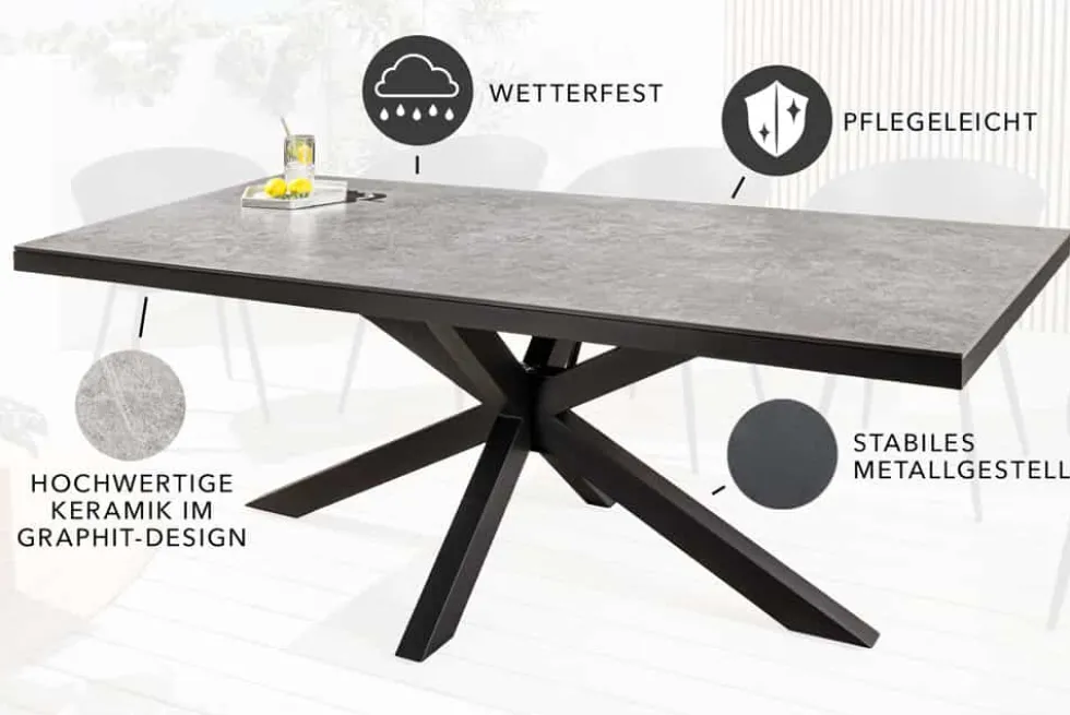 In- und Outdoor Esstisch GALAXIE 200cm hellgrau Keramik anthrazit Aluminium