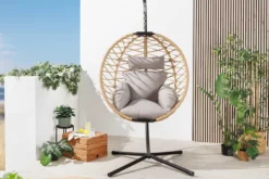 In- und Outdoor Hängesessel IBIZA natur beige Rattan mit Gestell wetterfest inkl. Kissen