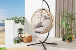 In- und Outdoor Hängesessel IBIZA natur beige Rattan mit Gestell wetterfest inkl. Kissen