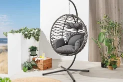 In- und Outdoor Hängesessel IBIZA anthrazit Rattan mit Gestell wetterfest inkl. Kissen