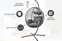 In- und Outdoor Hängesessel IBIZA anthrazit Rattan mit Gestell wetterfest inkl. Kissen