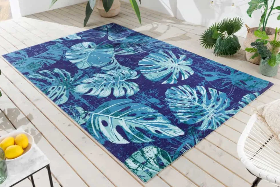 In- und Outdoor Teppich LEAF 180x120cm blau grün Blatt-Design Läufer wetterfest